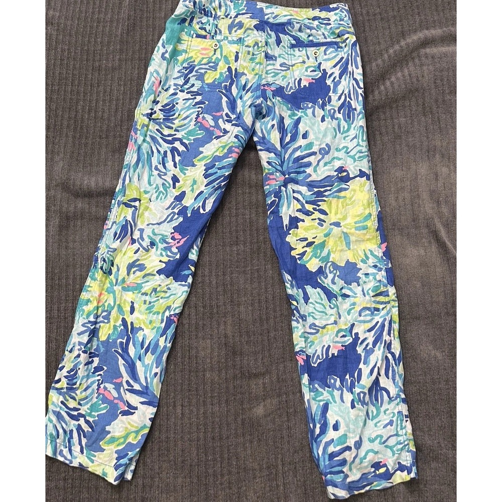 Lilly Pulitzer Womens Linen Wide Leg Pants Blue Green Pink Tropical Beach Size 4 - Picture 2 of 13